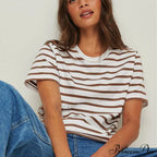 Casual Women's Cotton Harajuku Neck Brief Warm-Season Arm Tops Striped O Loose Tee T-Shirt Style