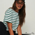 Casual Women's Cotton Harajuku Neck Brief Warm-Season Arm Tops Striped O Loose Tee T-Shirt Style