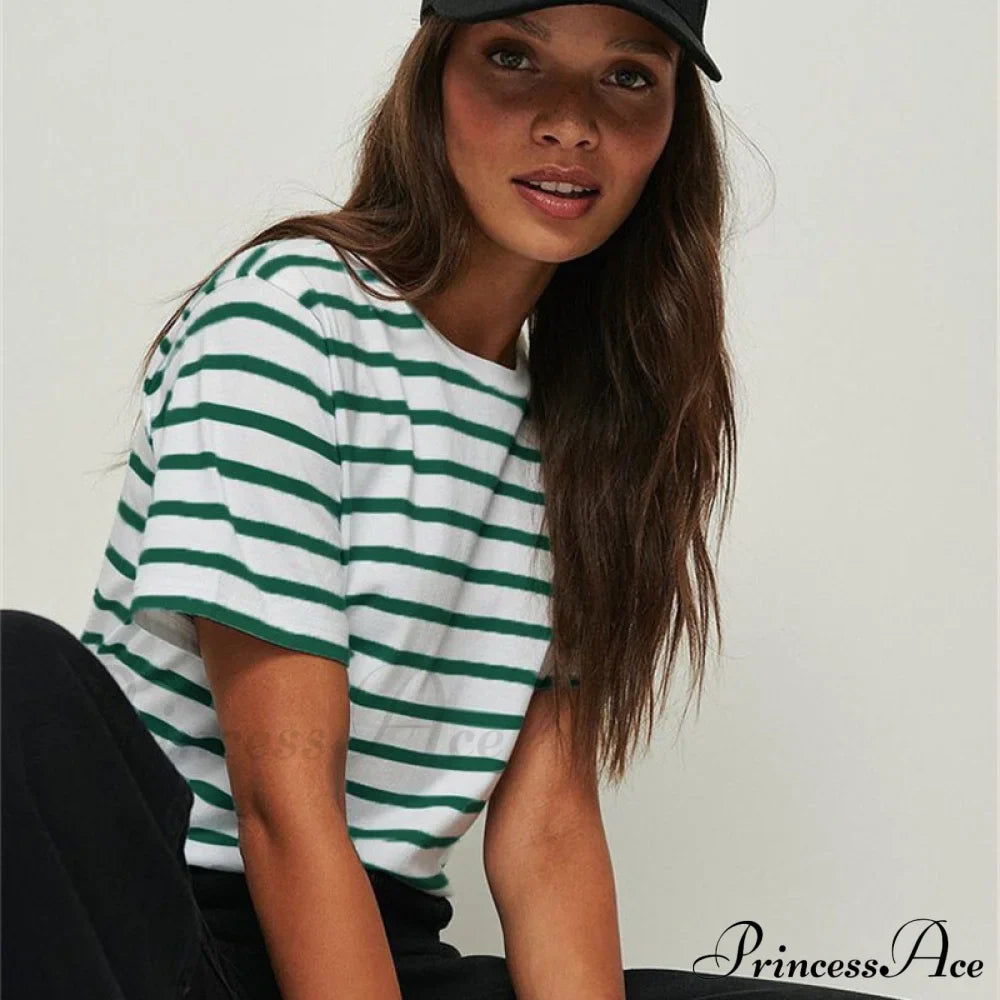 Casual Women's Cotton Harajuku Neck Brief Warm-Season Arm Tops Striped O Loose Tee T-Shirt Style