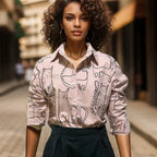 Cat Print Long Sleeve Vintage Casual Blouse