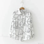 Cat Print Long Sleeve Vintage Casual Blouse