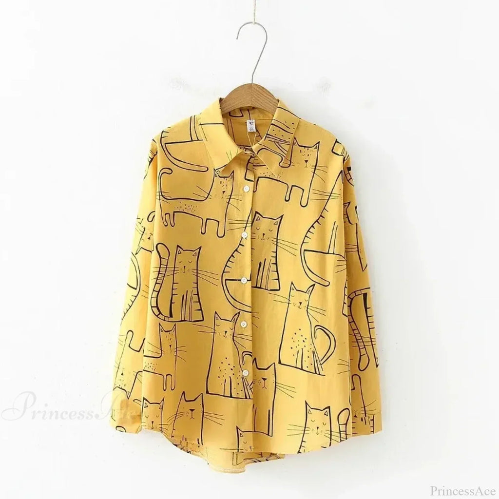 Cat Print Long Sleeve Vintage Casual Blouse