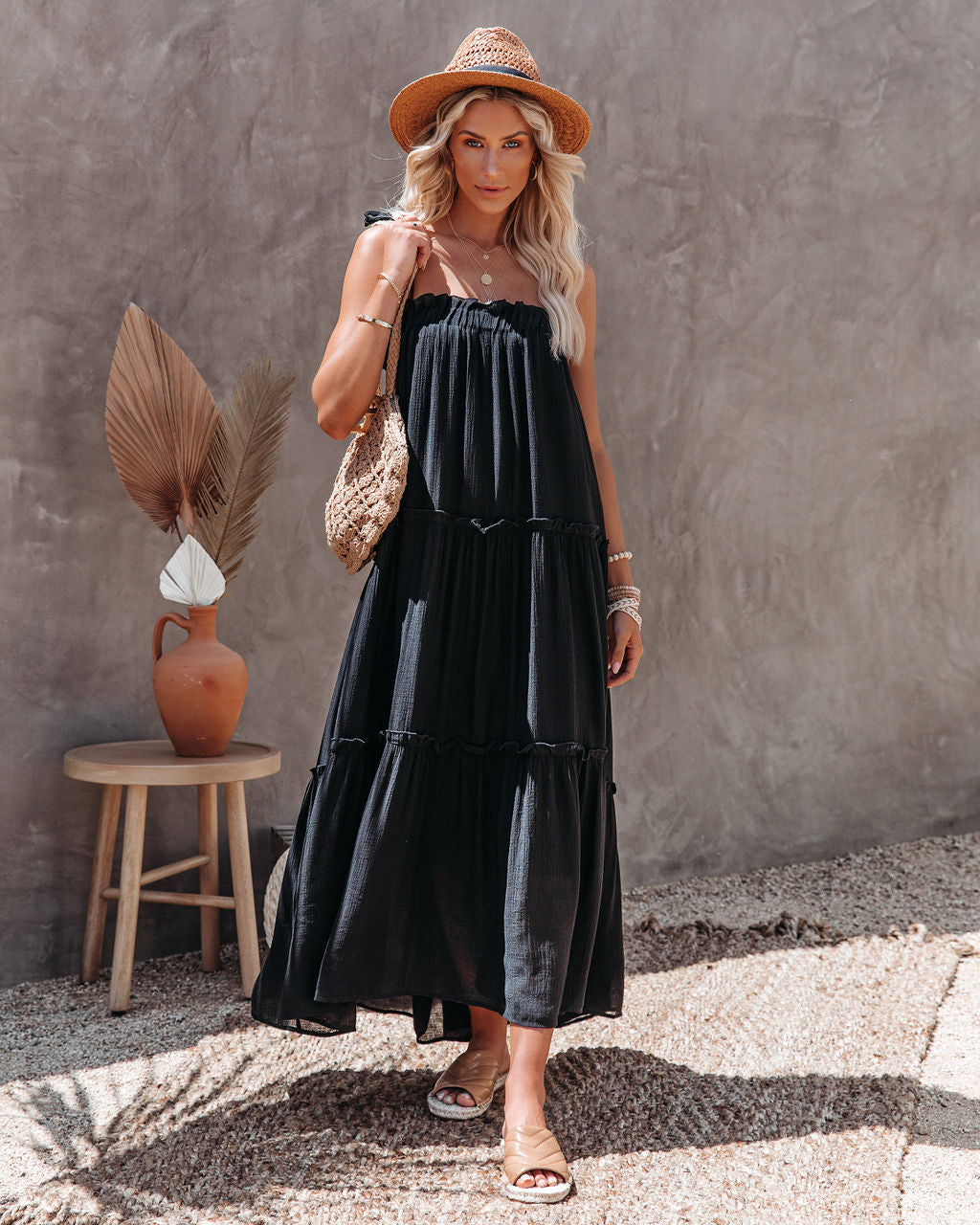 Catch The Sun Tiered Midi Dress Black