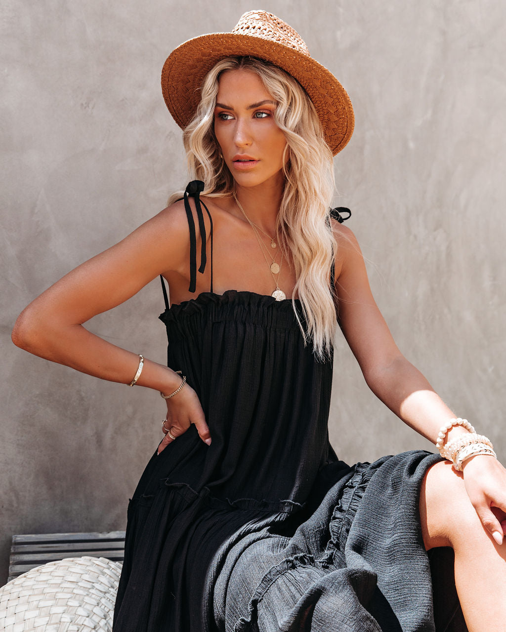 Catch The Sun Tiered Midi Dress Black