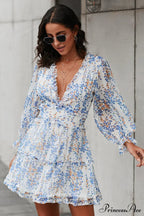 Causal Loose Solid Color Pleated Classic V-Neck Long Puff Sleeves Sweater Dress