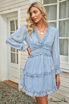 Causal Loose Solid Color Pleated Classic V-Neck Long Puff Sleeves Sweater Dress