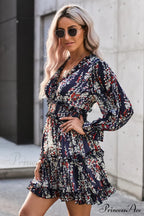Causal Loose Solid Color Pleated Classic V-Neck Long Puff Sleeves Sweater Dress