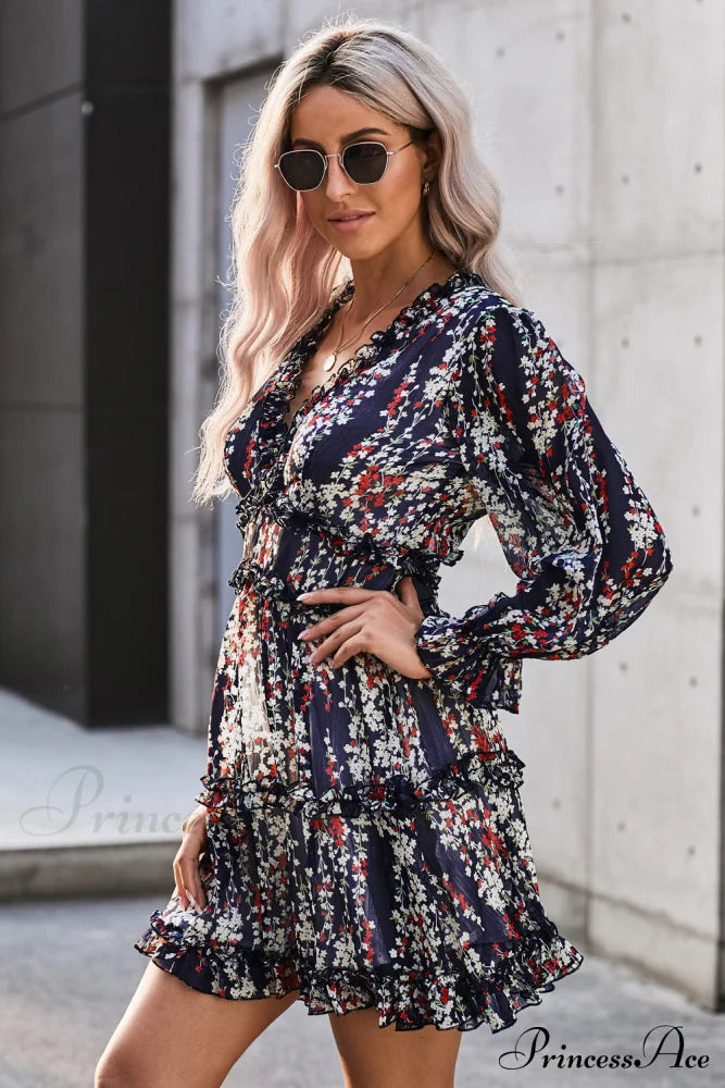 Causal Loose Solid Color Pleated Classic V-Neck Long Puff Sleeves Sweater Dress