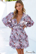 Causal Loose Solid Color Pleated Classic V-Neck Long Puff Sleeves Sweater Dress
