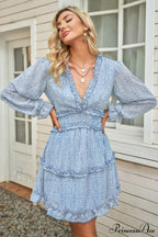 Causal Loose Solid Color Pleated Classic V-Neck Long Puff Sleeves Sweater Dress