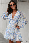 Causal Loose Solid Color Pleated Classic V-Neck Long Puff Sleeves Sweater Dress