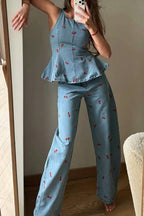 Sweet Casual Denim Cherry Print Princess Seams Flare Vest Top