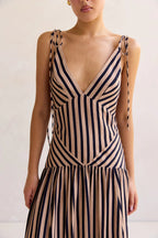 Striped Print Tie Backless Sleeveless V-Neck Elegant Maxi Dress