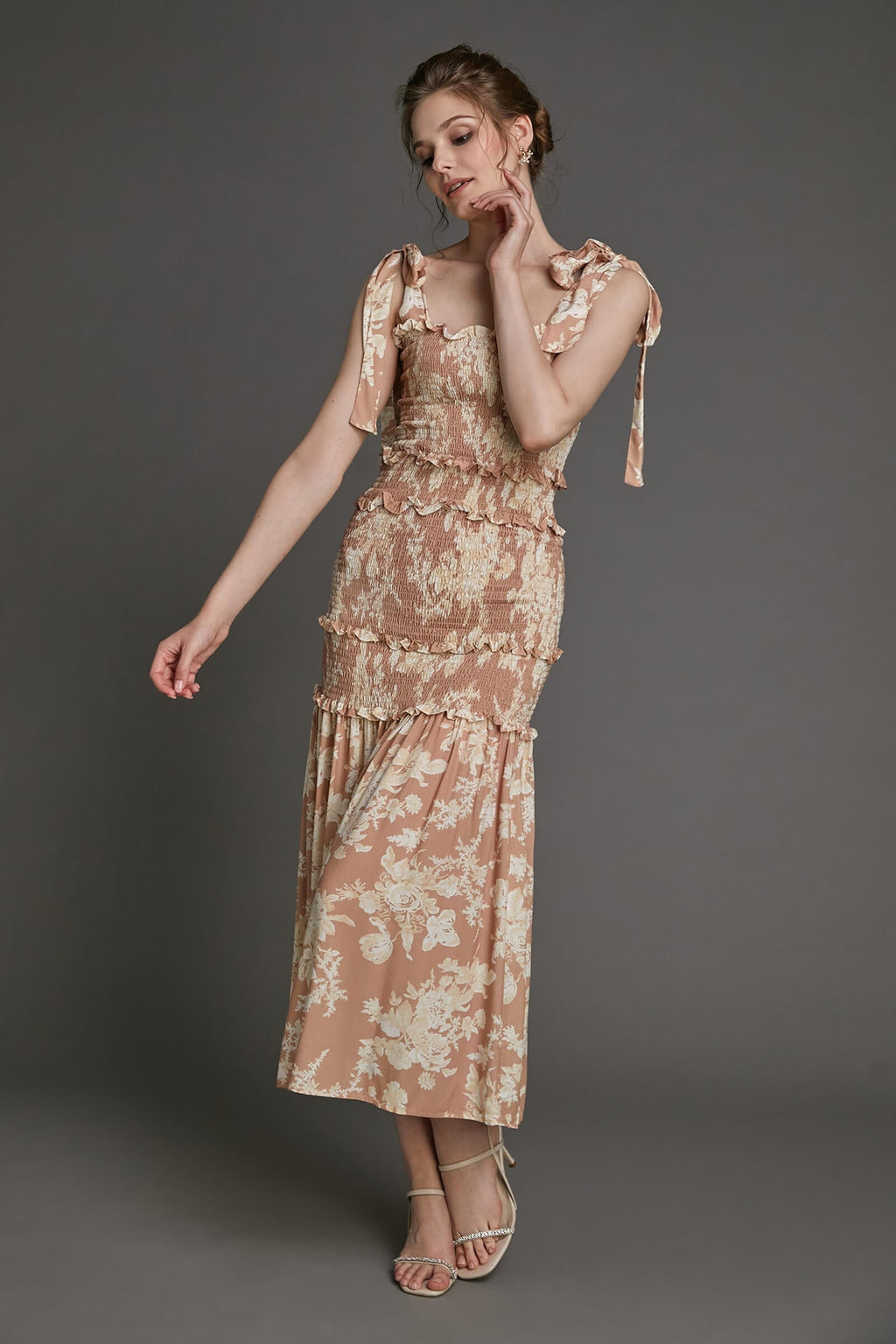 Bisque Floral Print Tie Strap Smocked Ruffled Maxi Dress