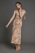 Bisque Floral Print Tie Strap Smocked Ruffled Maxi Dress