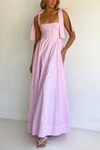 Solid Color Sleeveless Tie-up Suspender Elegant Patchwork Maxi Dress