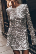 Flash Focus Sequin Extra Long Slit Sleeves Open Back Mini Dresss