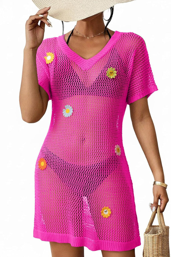 Floral-decorated V-neck Short-sleeved Crochet Cover-up Vacation Mini Dress