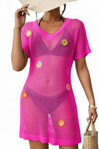 Floral-decorated V-neck Short-sleeved Crochet Cover-up Vacation Mini Dress