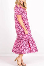Pink Geometric Print Ruffle Neck Bubble Sleeve Shift Dress