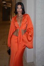 Sexy Tie Long Sleeve V Neck Skirt Set