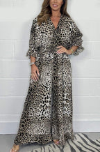 Multi-Color Leopard Print V-Neck Waisted Wide-Leg Jumpsuit