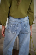 Stylish Denim Colorblock Star Patterned Mid Waist Pocket Wide Leg Jeans