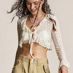 Ivory Lace Ruffled Tie Front Bell Sleeve Copped Blouse
