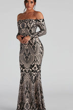 Boat Neck European Trendy Formal Evening Maxi Sequin Dress