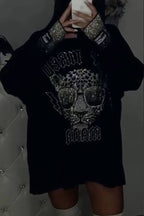 Women's Round-neck Leopard Print Rhinestone Casual Top