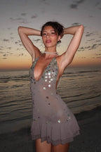 Sexy Halter Backless Sequin Ruffle Mini Dress