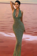 Elsinx Green Backless Sequin Maxi Dress