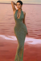 Elsinx Green Backless Sequin Maxi Dress