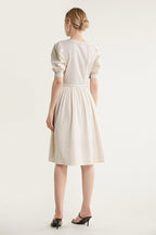 Ivory Contrast Stitch Lantern Sleeve V-Neck Midi Dress
