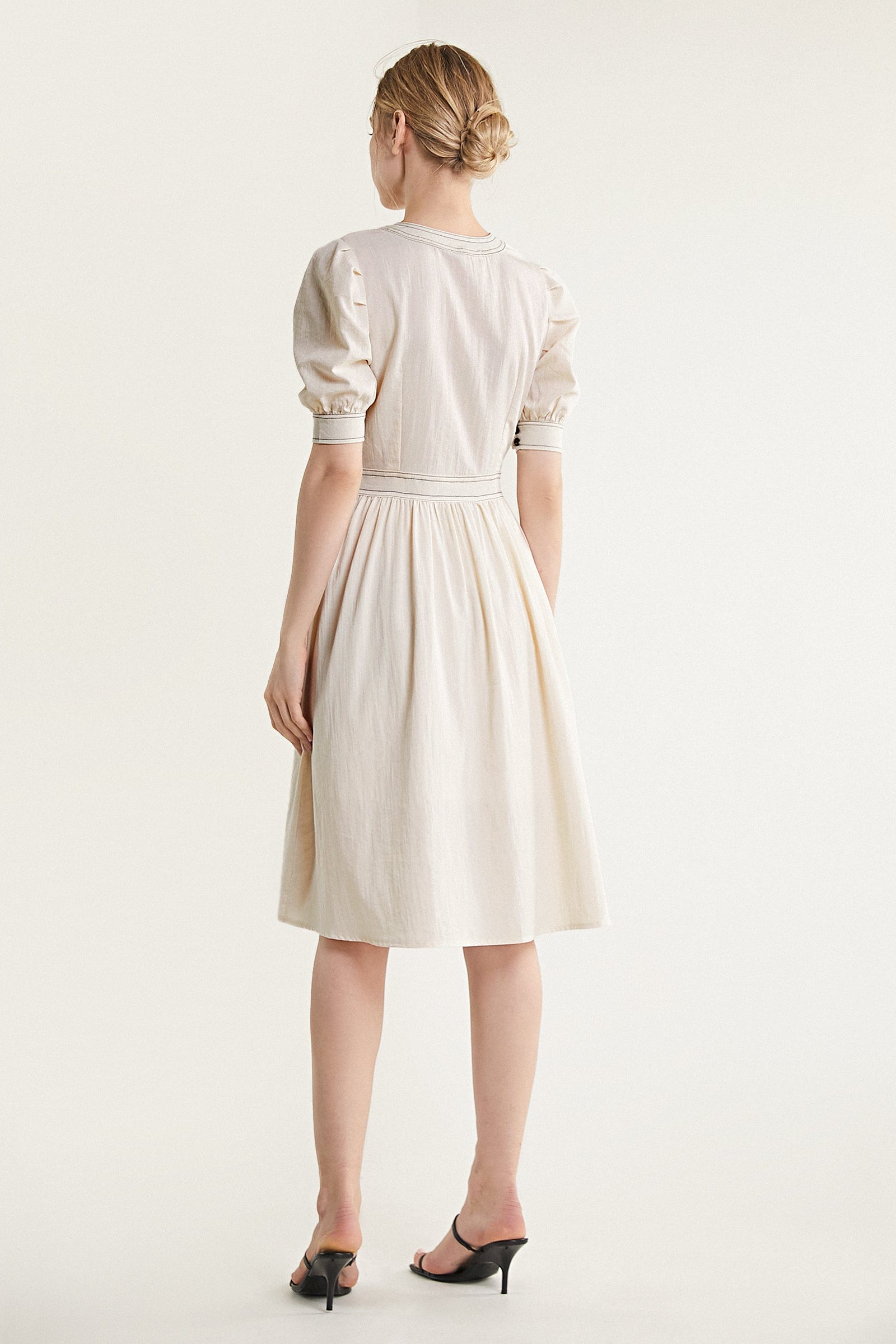 Ivory Contrast Stitch Lantern Sleeve V-Neck Midi Dress