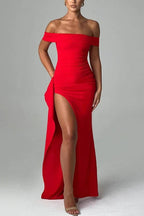 Leah Minimalist Off the Shoulder Maxi Dress with a High Slit Chic Silhouette Collection