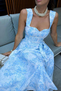 Wide Strap High Waist Floral Tie Midi Dress