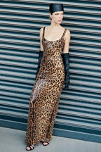 Leopard Sequin Sheer Cape Spaghetti Strap Backless Prom Dress