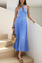 Solid Color Halter Neck Hollowed-out Casual Pleated Holiday Maxi Dress