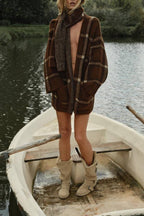 SHORT CHECK KNIT COAT WITH SCARF DETAIL