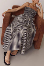 Striped Print Spaghetti Strap Pleated Pocket Casual Vacation Maxi Dress