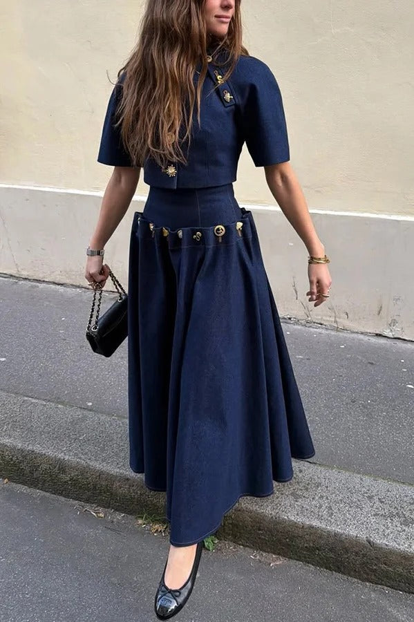 Custom Look Denim Unique Metal Pattern Buttons Slit Half Sleeve Crop Jacket
