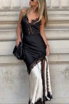 Soft and Romantic Satin Lace Trim Colorblock V-neck Side Slit Maxi Dress
