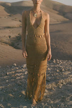 Fashionable Open-knit Backless Elegant Tassel Hem Vacation Cover-up Maxi Dress