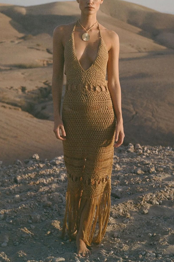 Fashionable Open-knit Backless Elegant Tassel Hem Vacation Cover-up Maxi Dress