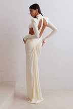 Long-Sleeve Ruched Color-Block Cutout Waist Slim Party Dress