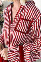 Striped Printed Color-blocked Trim Long-sleeved Loose Top and Elastic Waist Belt Wide-leg Pants Set