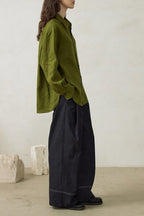 Linen Green Oversized Versatile Long Sleeve Blouse