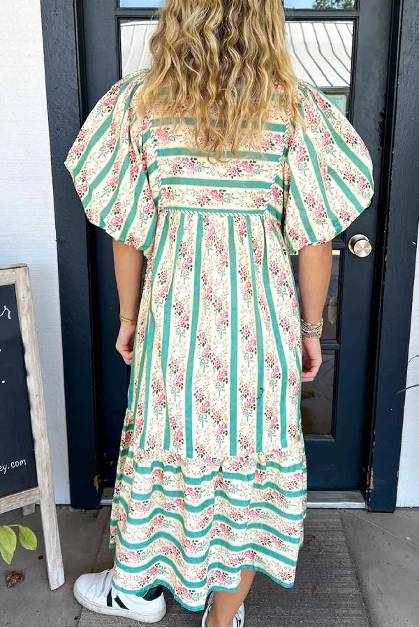 Daniela Elevated Multicolored Floral Striped V Neck Long Dress in Boho Style Designer Edit