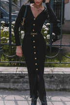 V-neck single-breasted slim-fit knit slit dress (belt not included)